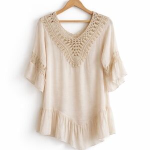 Boho Crochet Gauze Tunic Cover-Up Ivory Festival Top S/M